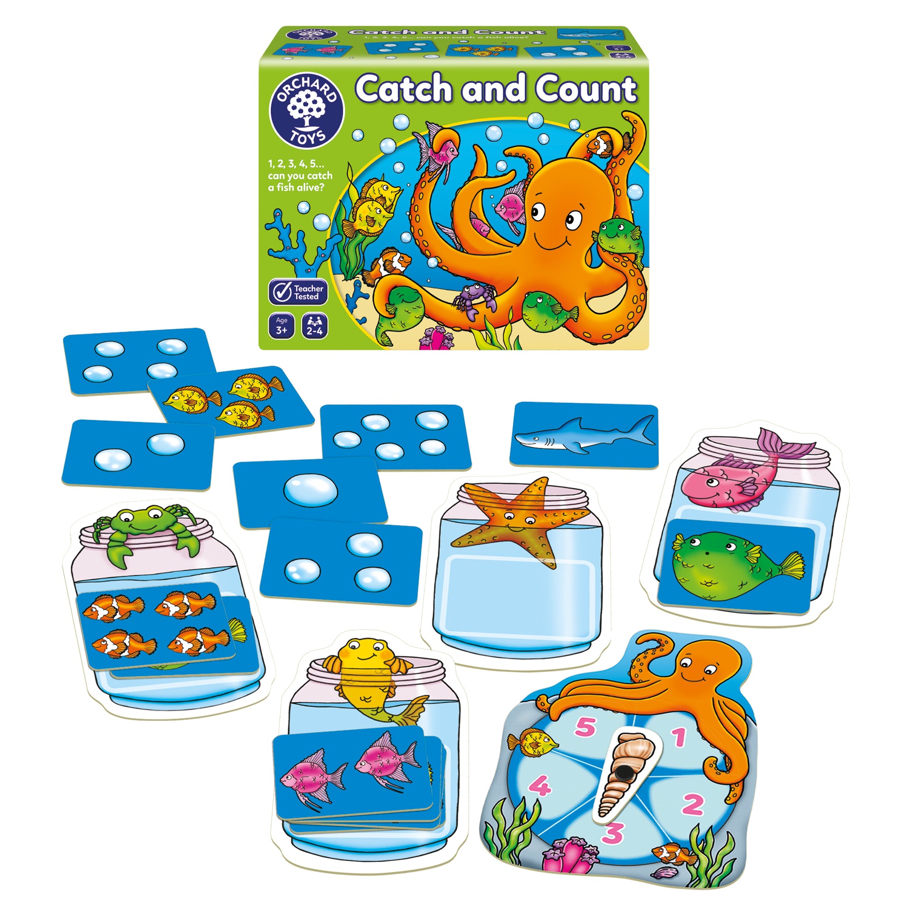 Children's educational game 'Catch and Count' by Orchard Toys with colorful packaging and game pieces.