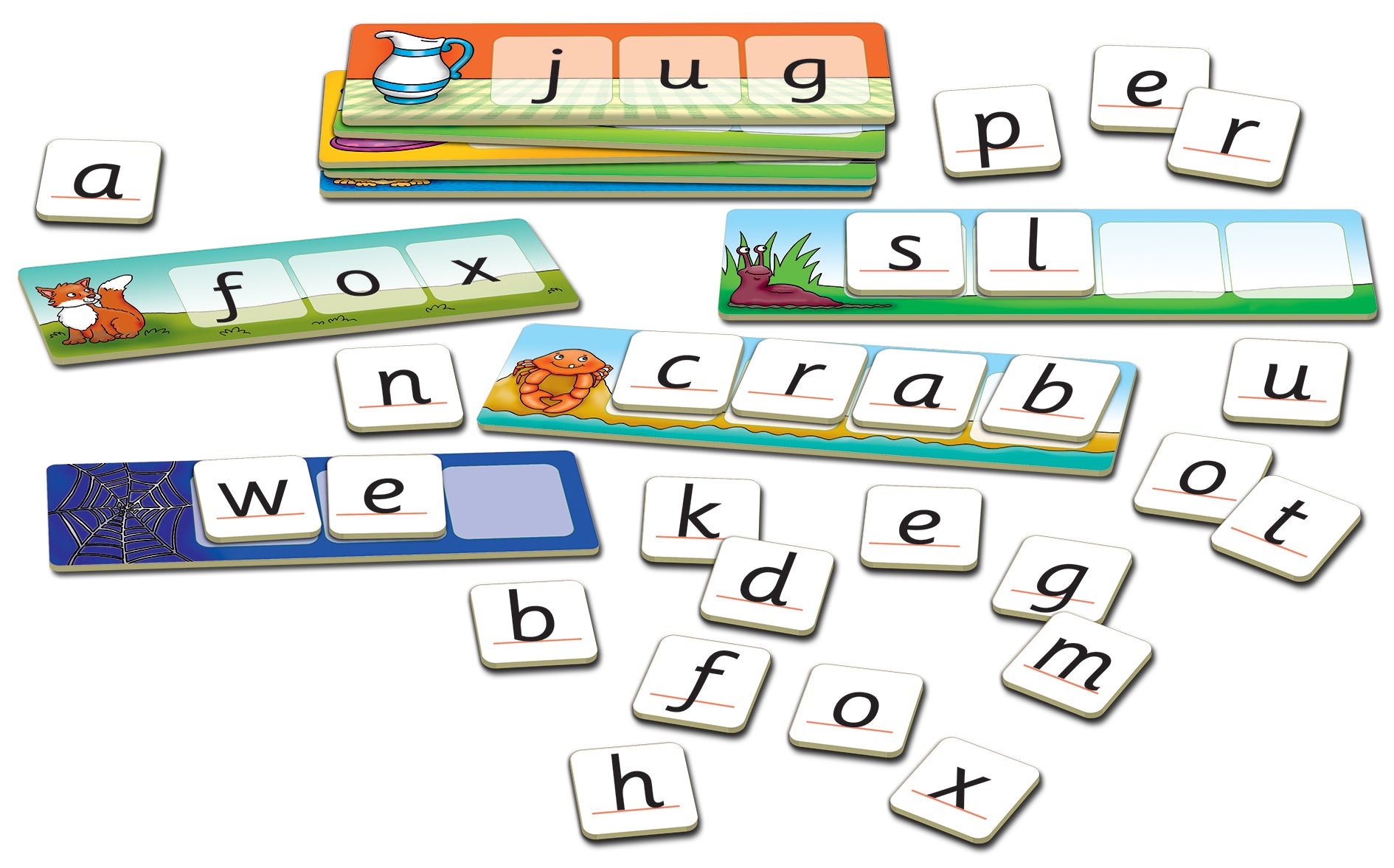 Set of magnetic letters and word cards on a white background