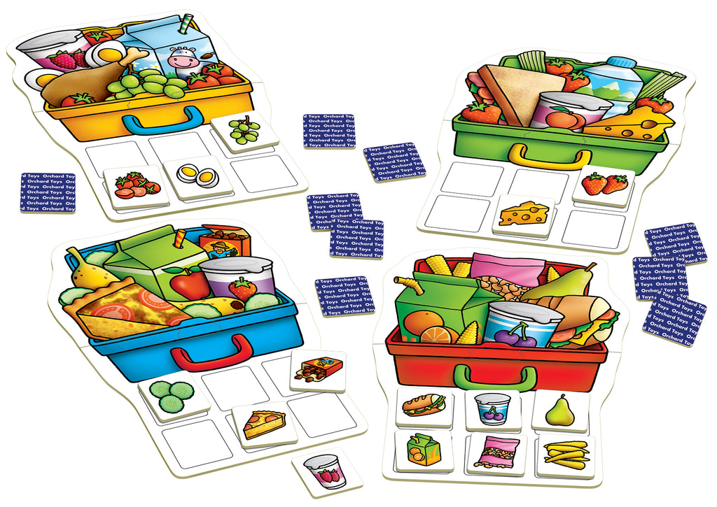 Colorful educational toy set with suitcases and food items on a white background