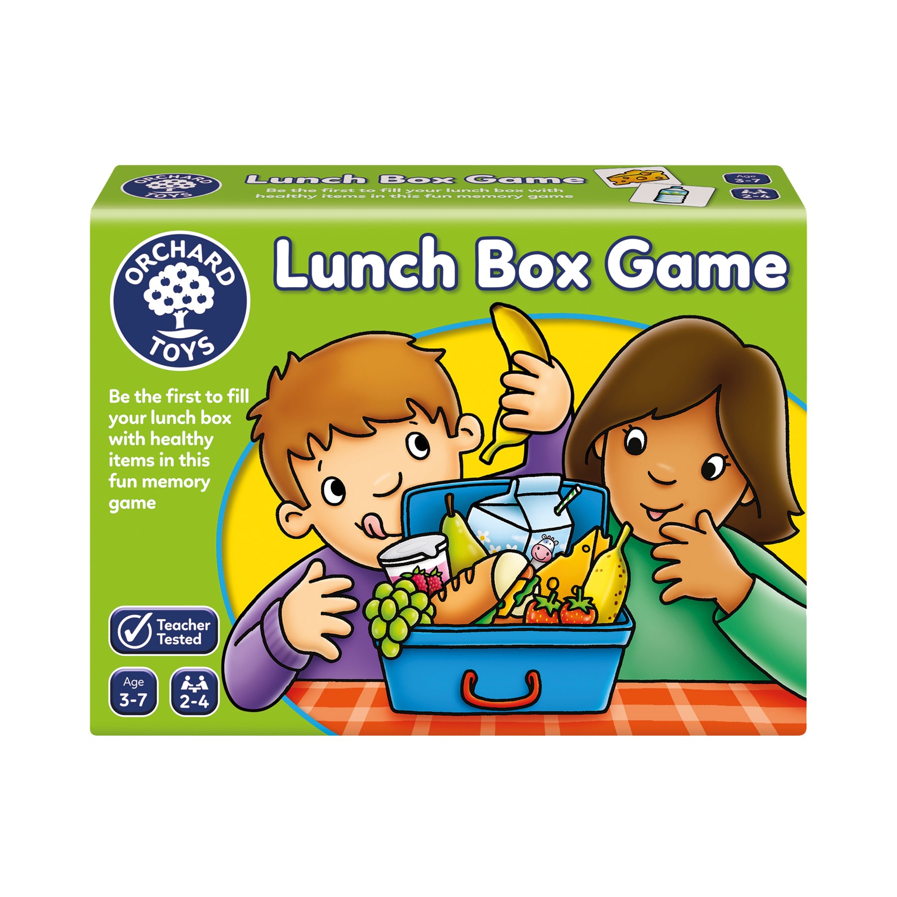 Orchard Toys Lunch Box Game packaging with two children and a lunch box on a green background