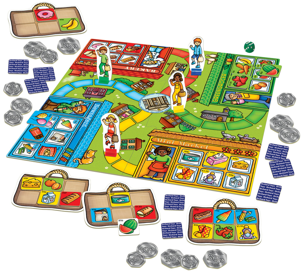 Colorful board game with characters, cards, and tokens on a white background