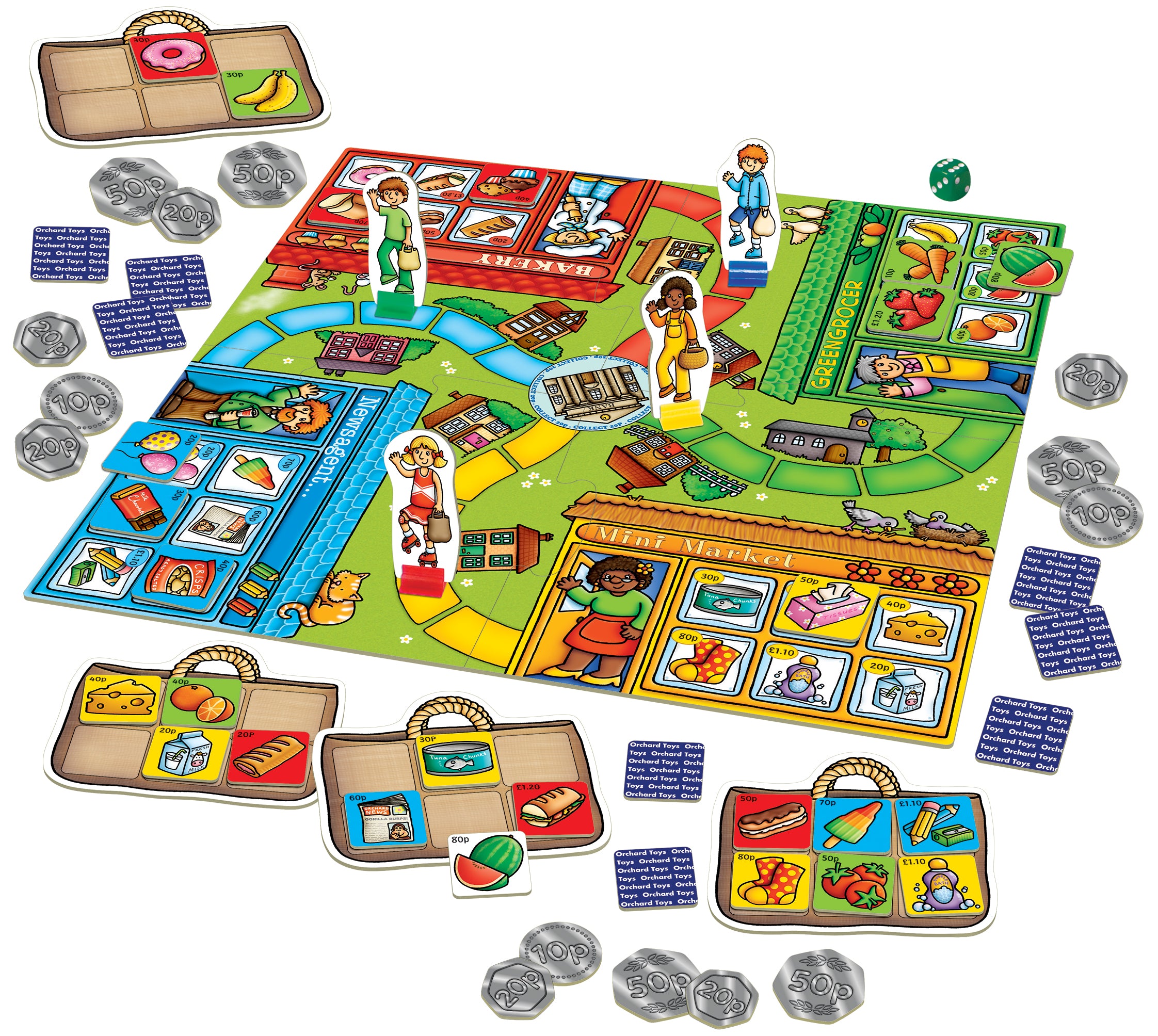 Colorful board game with characters, cards, and tokens on a white background