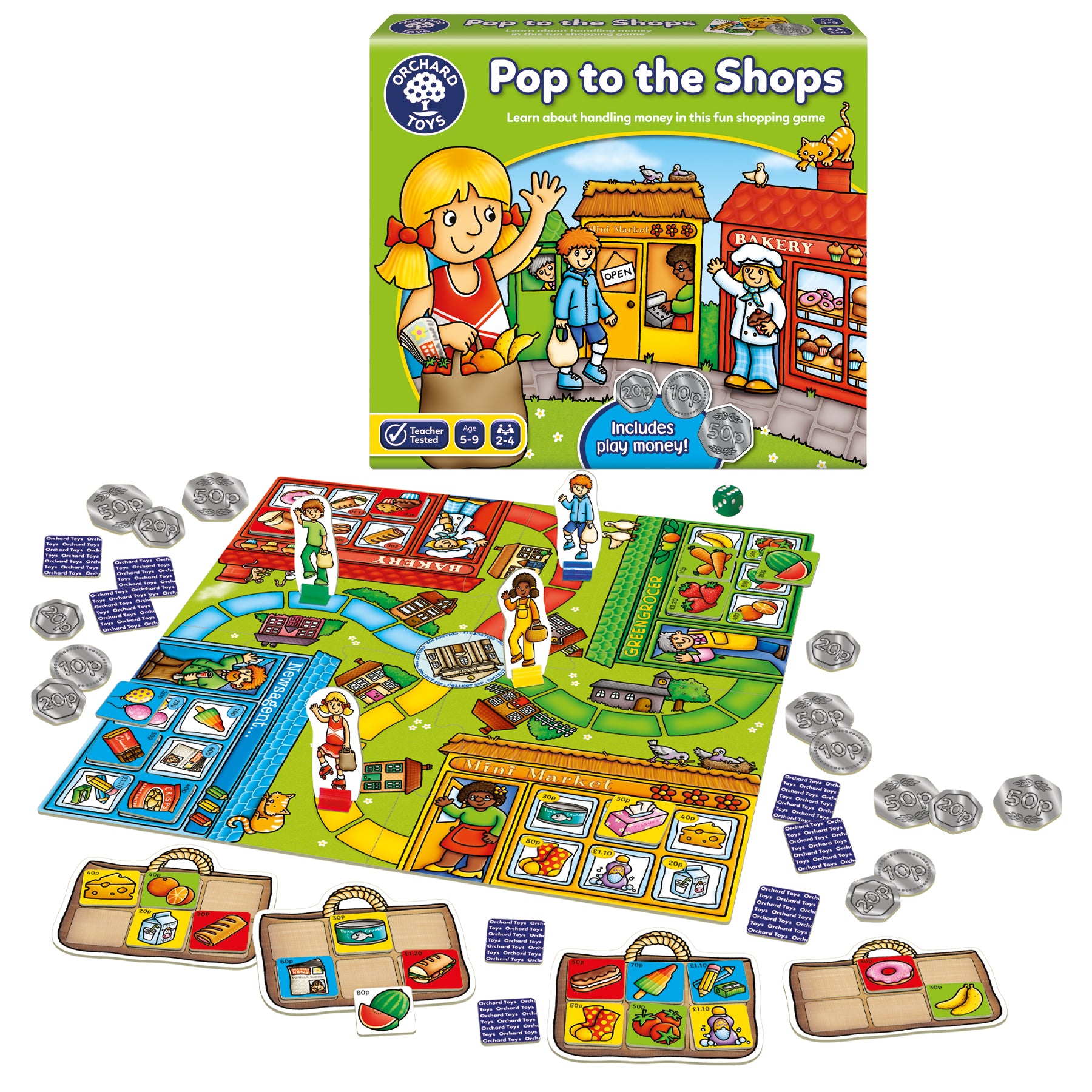 Children's board game with colorful components and Orchard Toys branding
