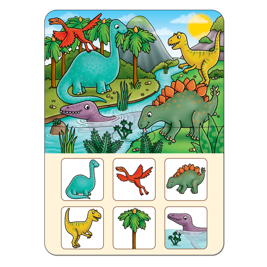 Children's dinosaur puzzle with colorful illustrations of dinosaurs and a natural landscape.
