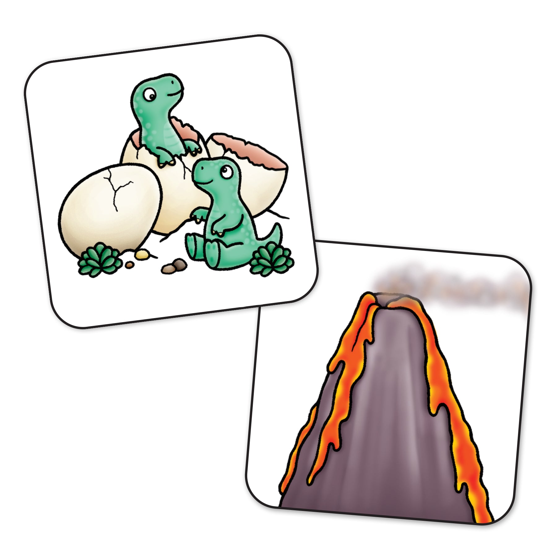 Two cards featuring cartoon dinosaurs and a volcano on a white background