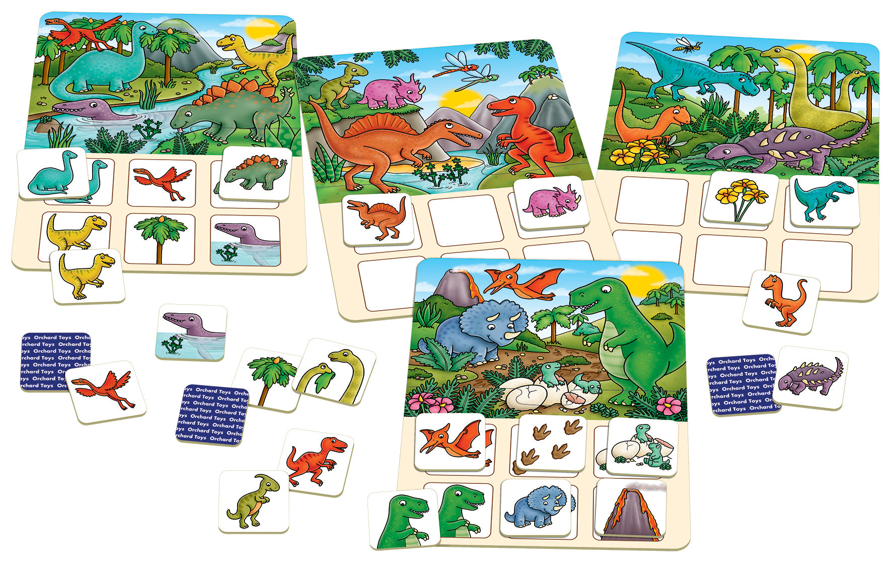 A colorful children's dinosaur educational toy set laid out on a white background, including illustrated puzzle boards, small dinosaur cards, and text cards.
