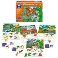 Dinosaur Lotto memory game set by Orchard Toys, featuring an orange illustrated game box and multiple colorful dinosaur-themed cards and matching tiles arranged on a white background.