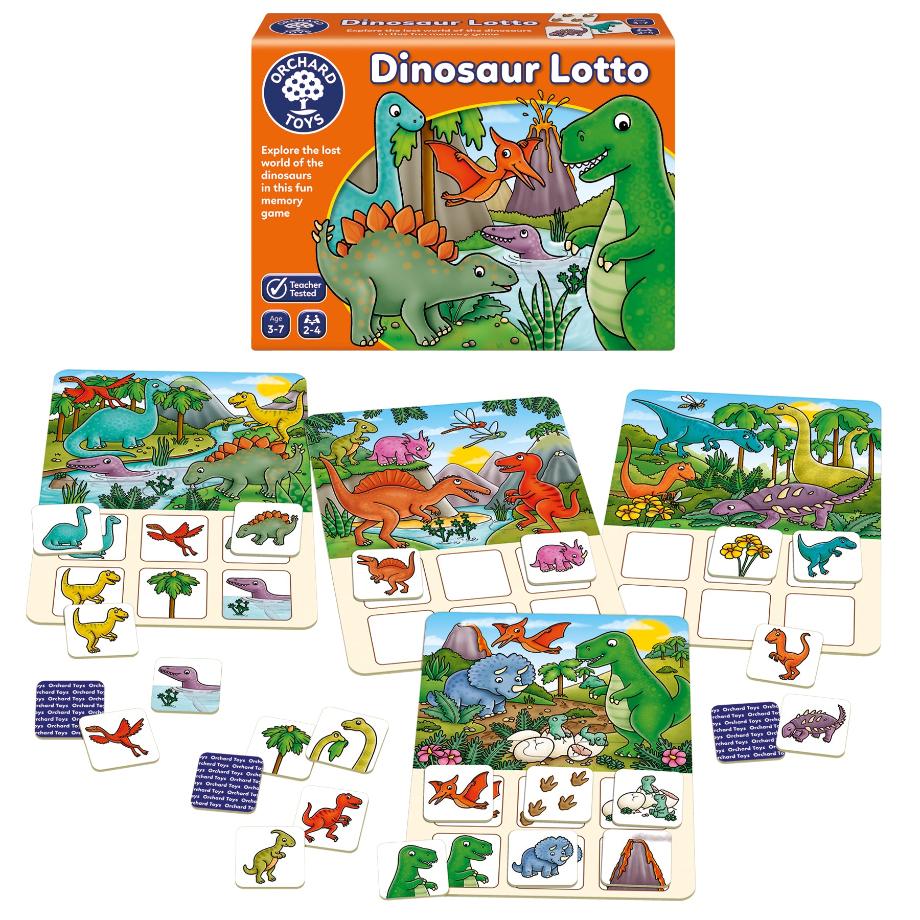 Dinosaur Lotto memory game set by Orchard Toys, featuring an orange illustrated game box and multiple colorful dinosaur-themed cards and matching tiles arranged on a white background.