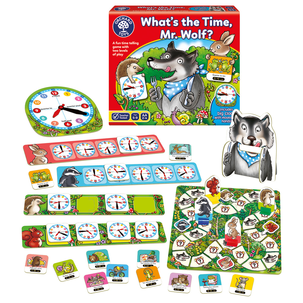 Orchard Toys What's the Time Mr Wolf Game Educational Board Game for Children Aged 5+ Teaches Time Telling with Movable Clockface and 3D Wolf