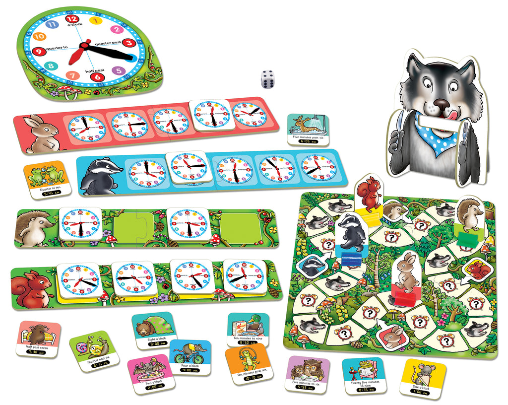 Orchard Toys What's the Time Mr Wolf Game Educational Board Game for Children Aged 5+ Teaches Time Telling with Movable Clockface and 3D Wolf