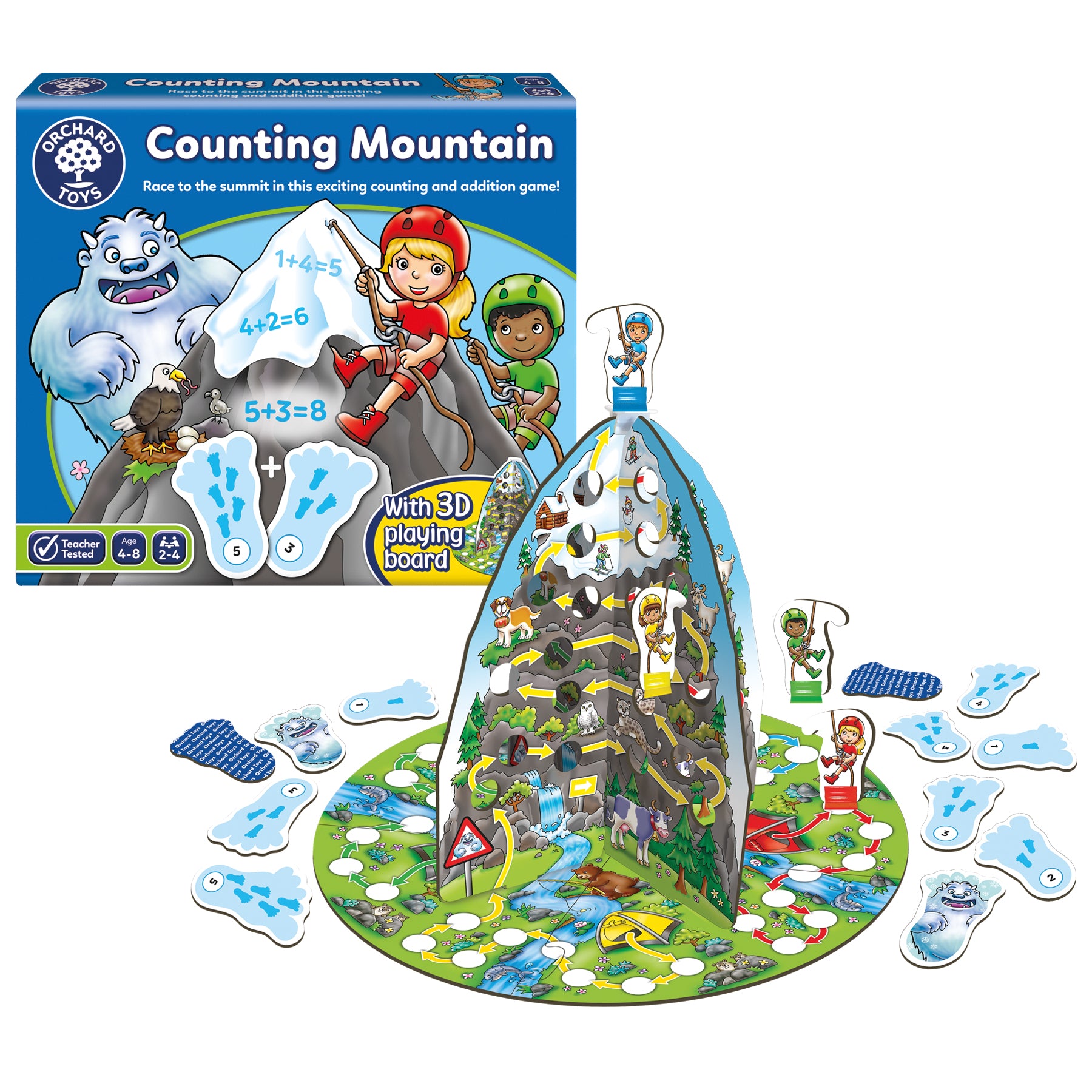 Orchard Toys Counting Mountain game with 3D playing board and character figures on a white background