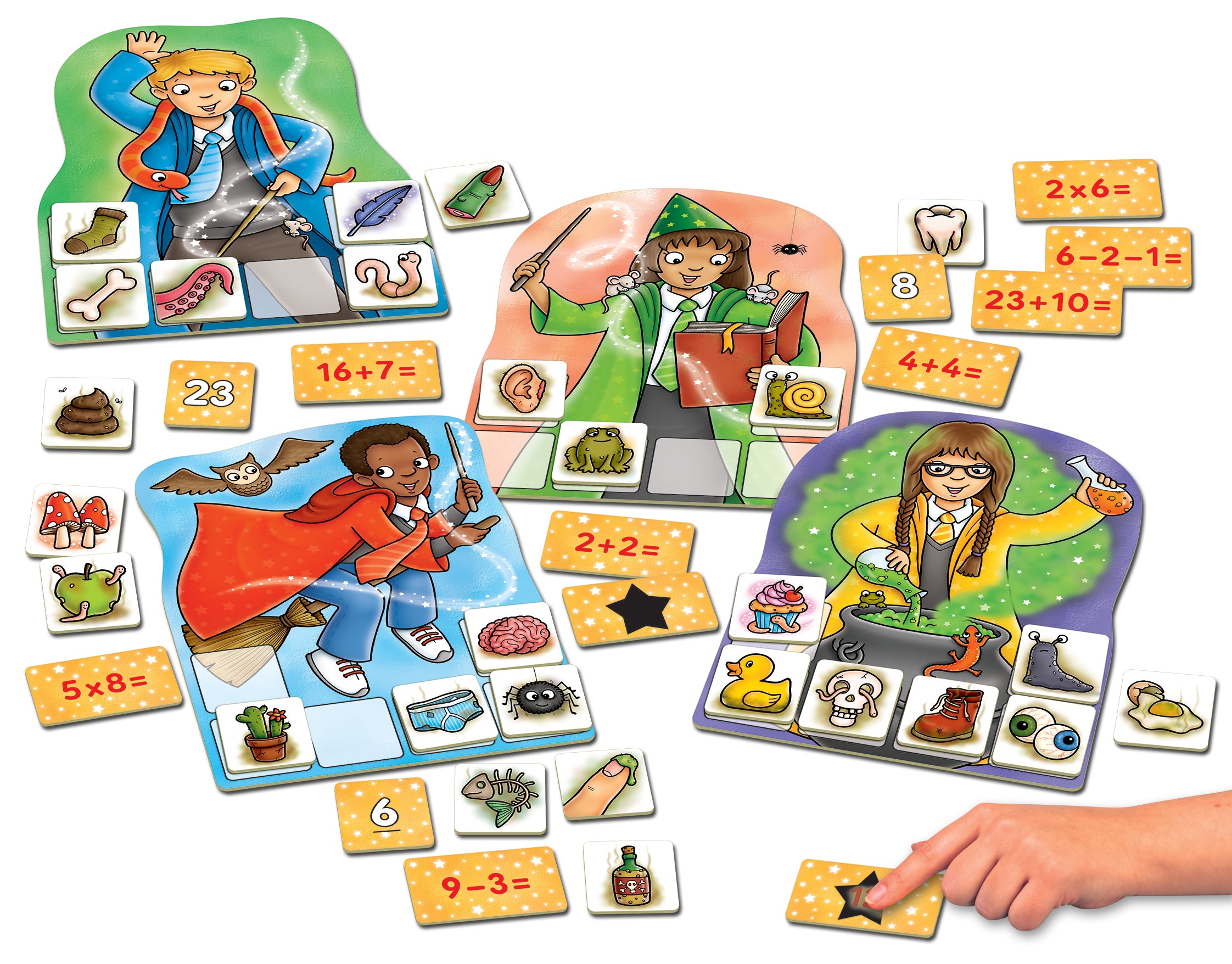 Educational math game with character cards and number cards on a white background