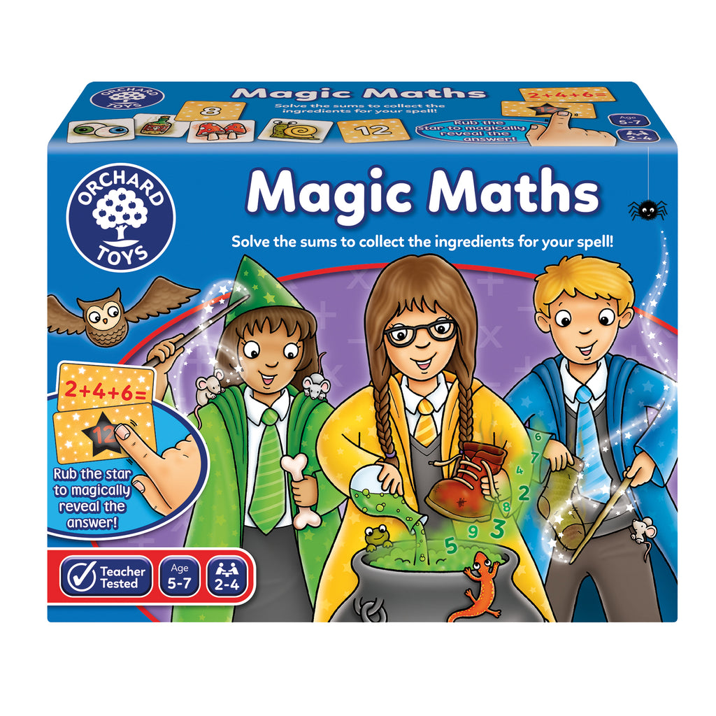 Orchard Toys Magic Maths educational game box with characters and math problems.