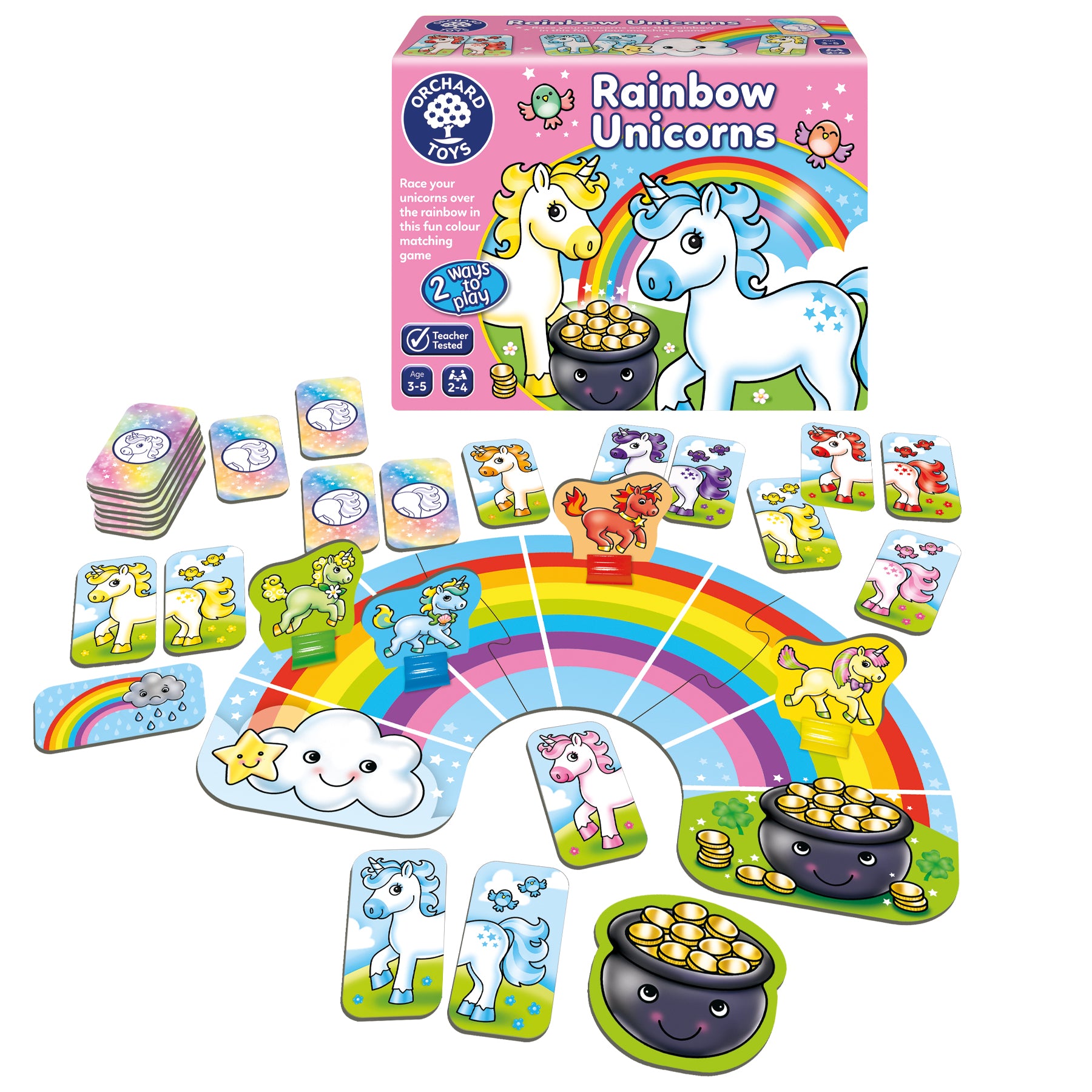 Children's game set with colorful cards and a box labeled 'Rainbow Unicorns' on a white background.