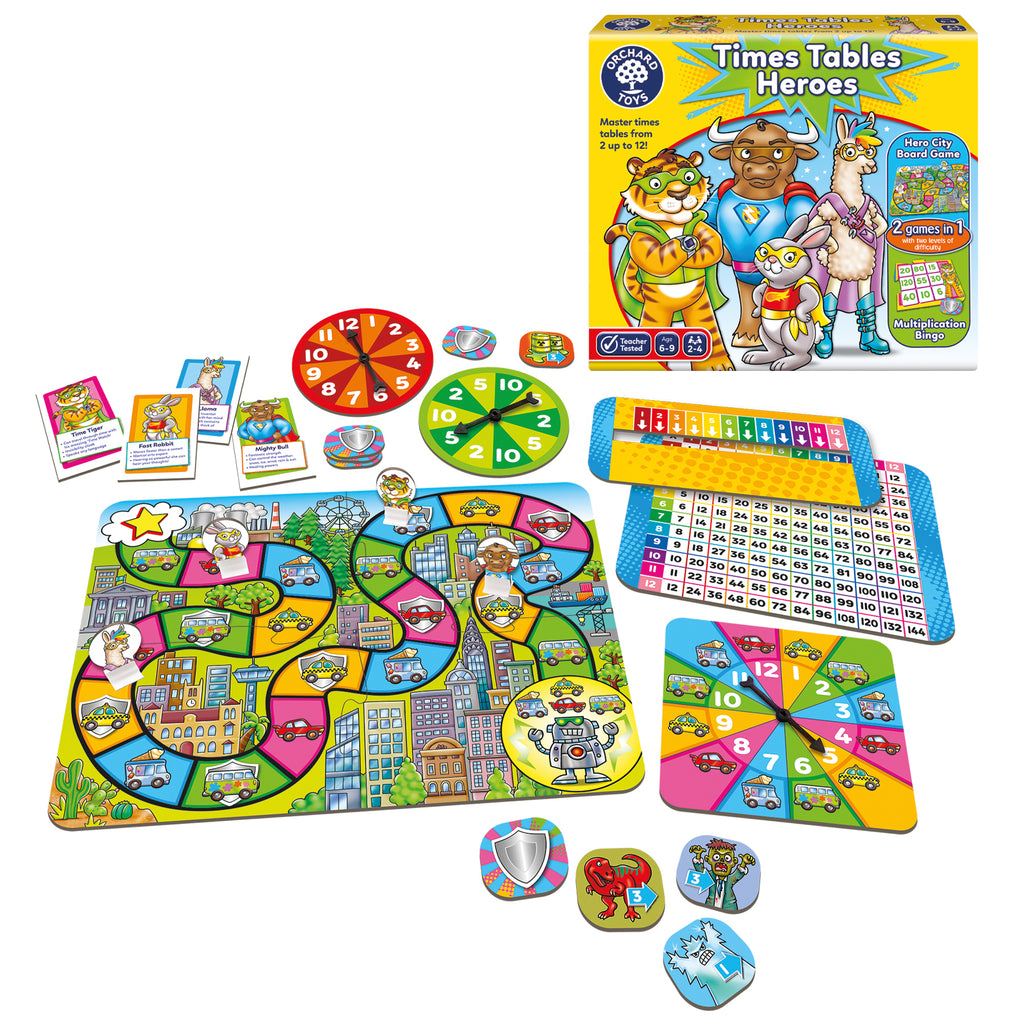 Educational game set with colorful components and 'Times Tables Heroes' packaging on a white background