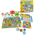 Educational game set with colorful components and 'Times Tables Heroes' packaging on a white background