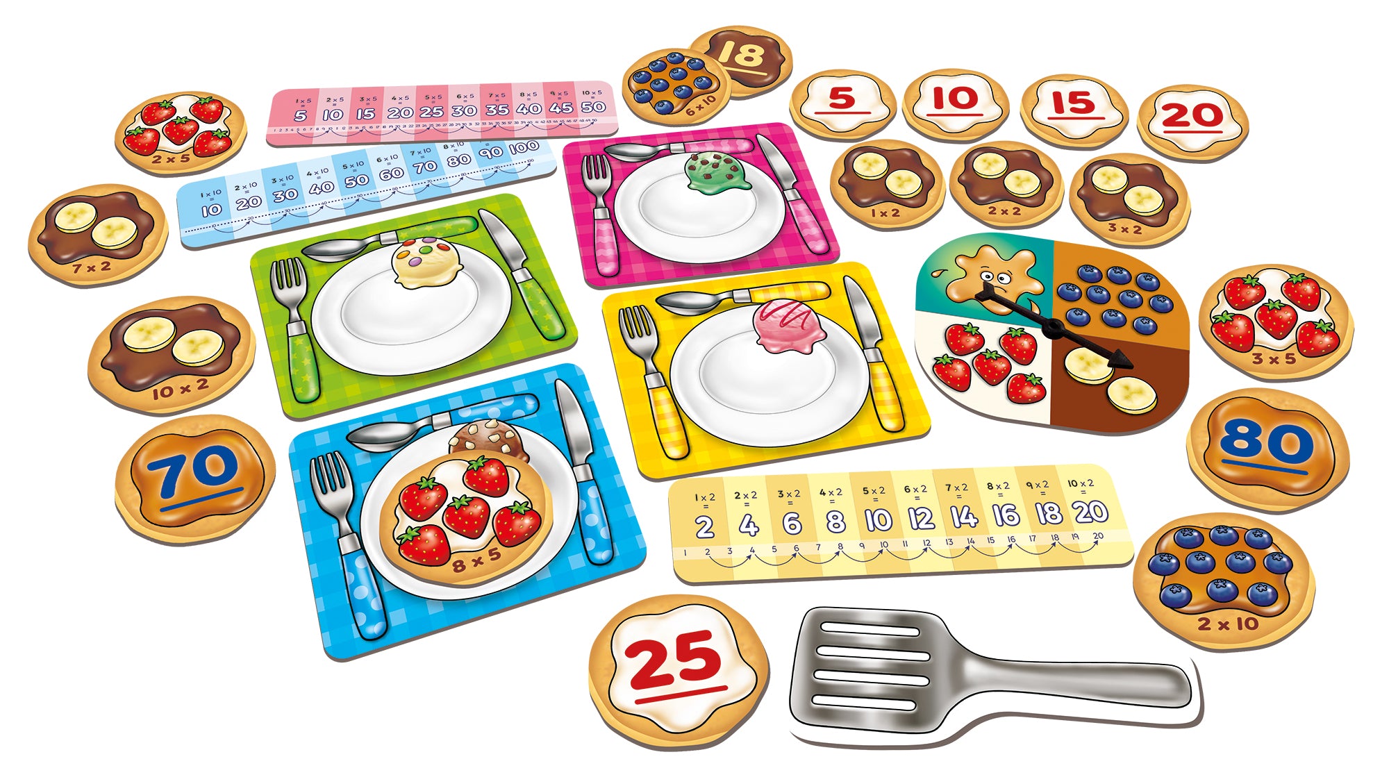 Children's toy set with play food, utensils, and timers on a white background