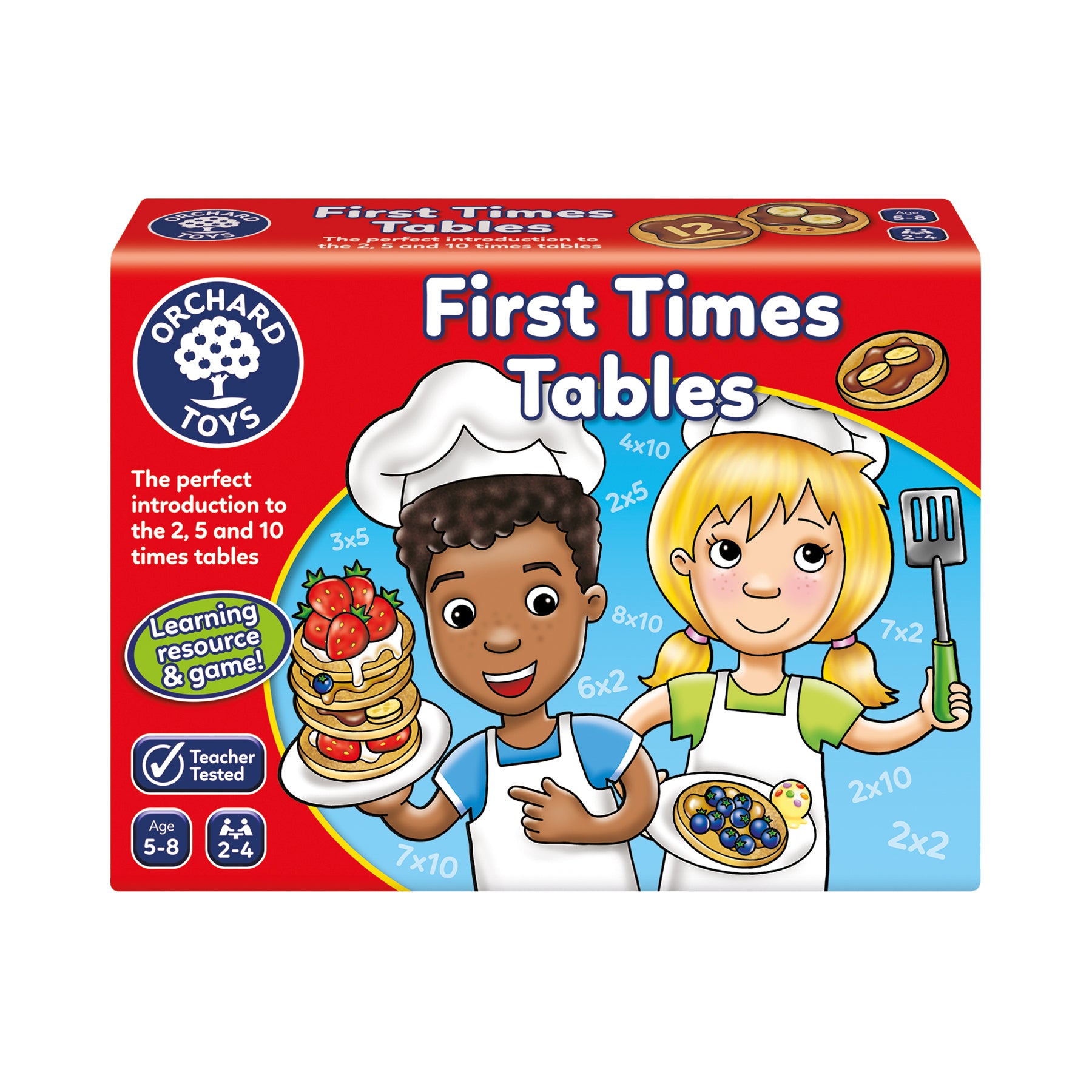 Box of Orchard Toys First Times Tables educational game with two children holding food items.