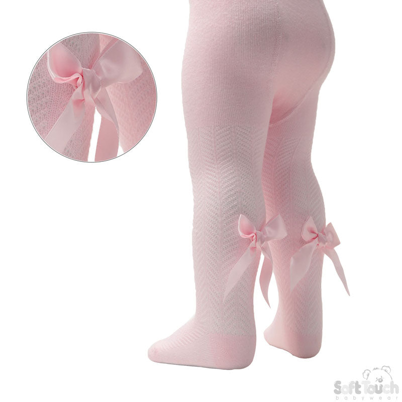 Girls' Chevron Knit Bow Tights | Pink & White | Ages 2–5 Years