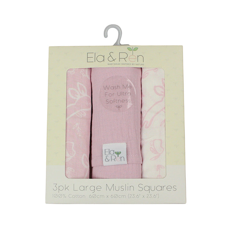 Baby Muslin Squares Gift Box | 3 Large 60x60cm Fun Bunny Designs | Blue, Pink & Taupe