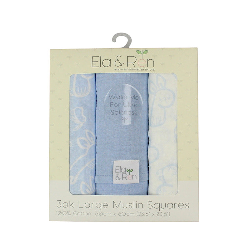 Baby Muslin Squares Gift Box | 3 Large 60x60cm Fun Bunny Designs | Blue, Pink & Taupe