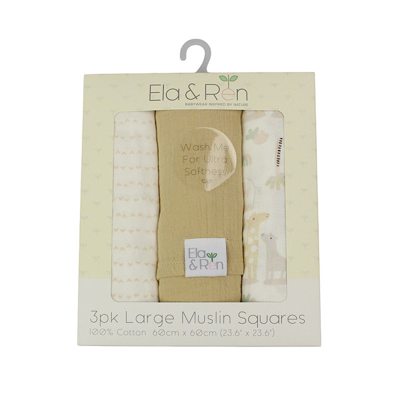 Baby Muslin Squares Gift Box | 3 Large 60x60cm Fun Bunny Designs | Blue, Pink & Taupe