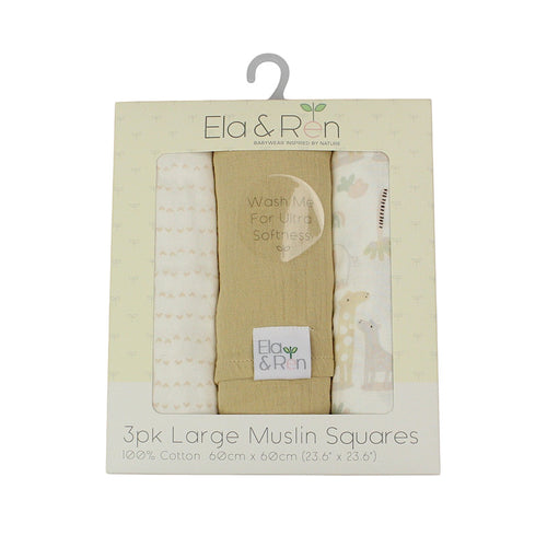 Baby Muslin Squares Gift Box | 3 Large 60x60cm Fun Bunny Designs | Blue, Pink & Taupe