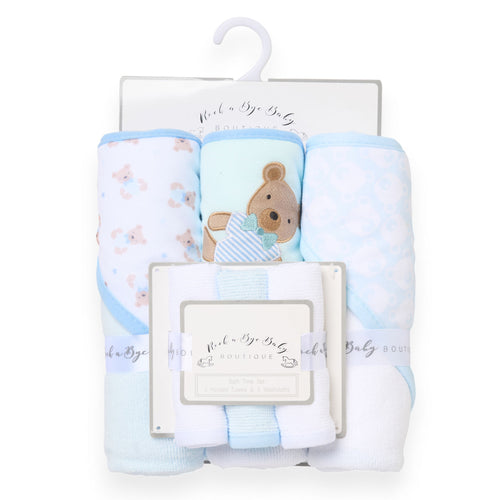 Set of baby blankets with a teddy bear design in packaging on a white background