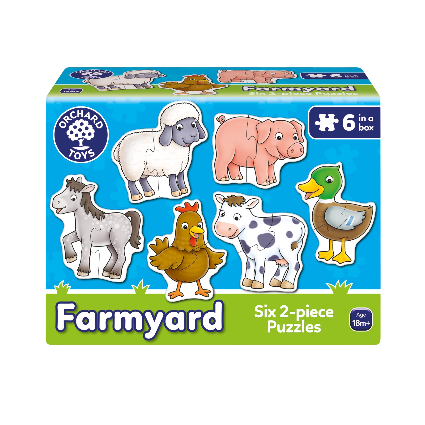 Box of Orchard Toys Farmyard puzzles with farm animal illustrations on a blue and green background.