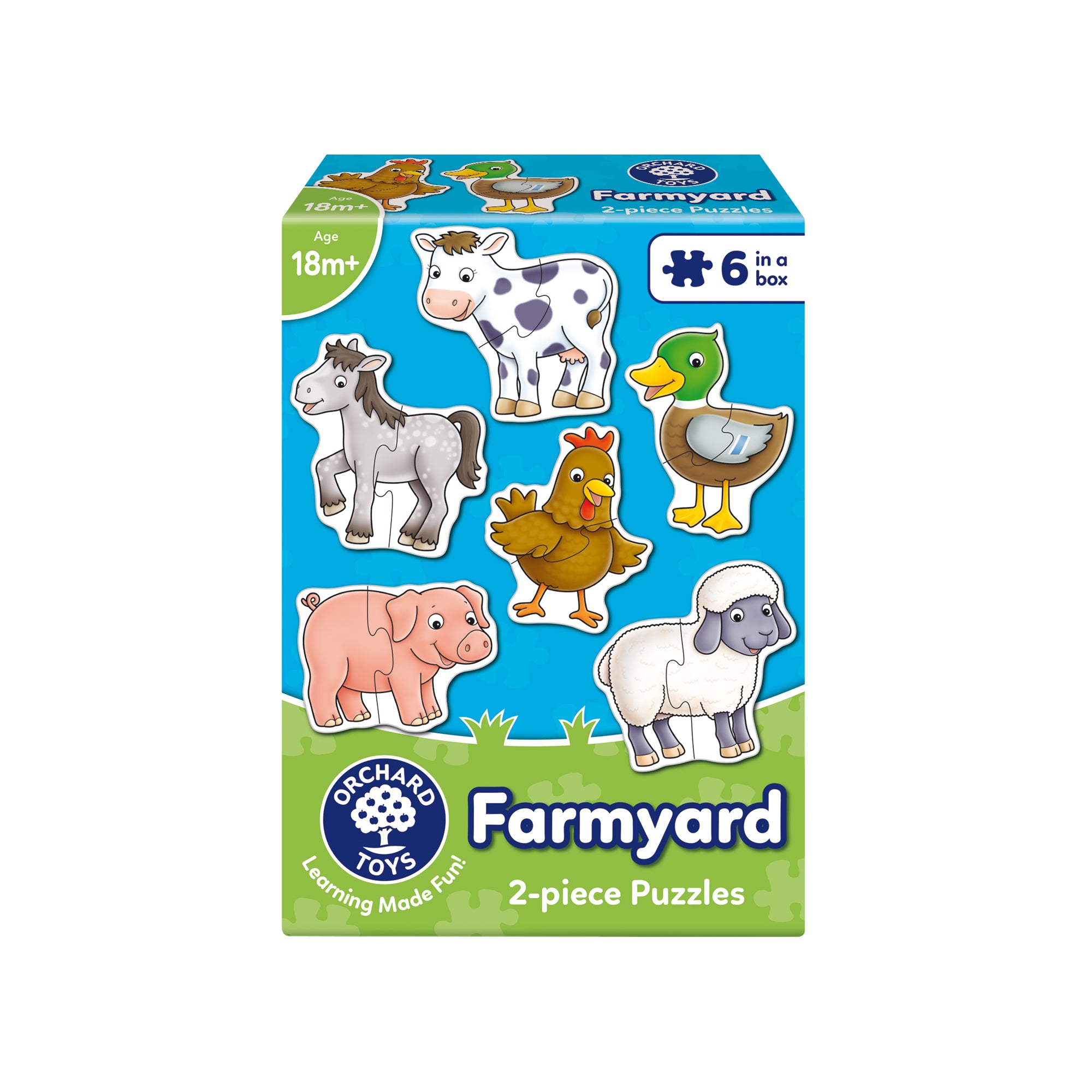 Box of Orchard Toys Farmyard 2-piece puzzles with illustrations of farm animals on a blue background.