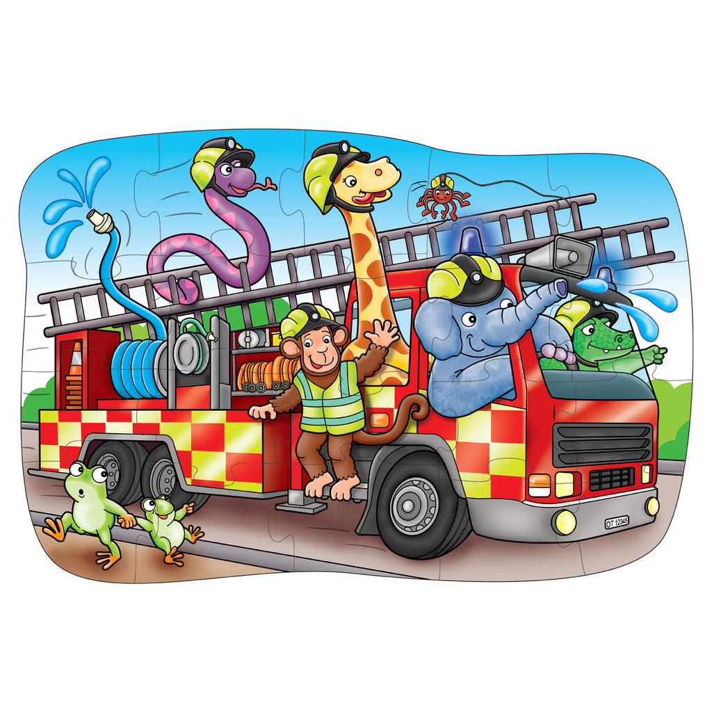 Colorful children's illustration of a fire truck with animals on a white background