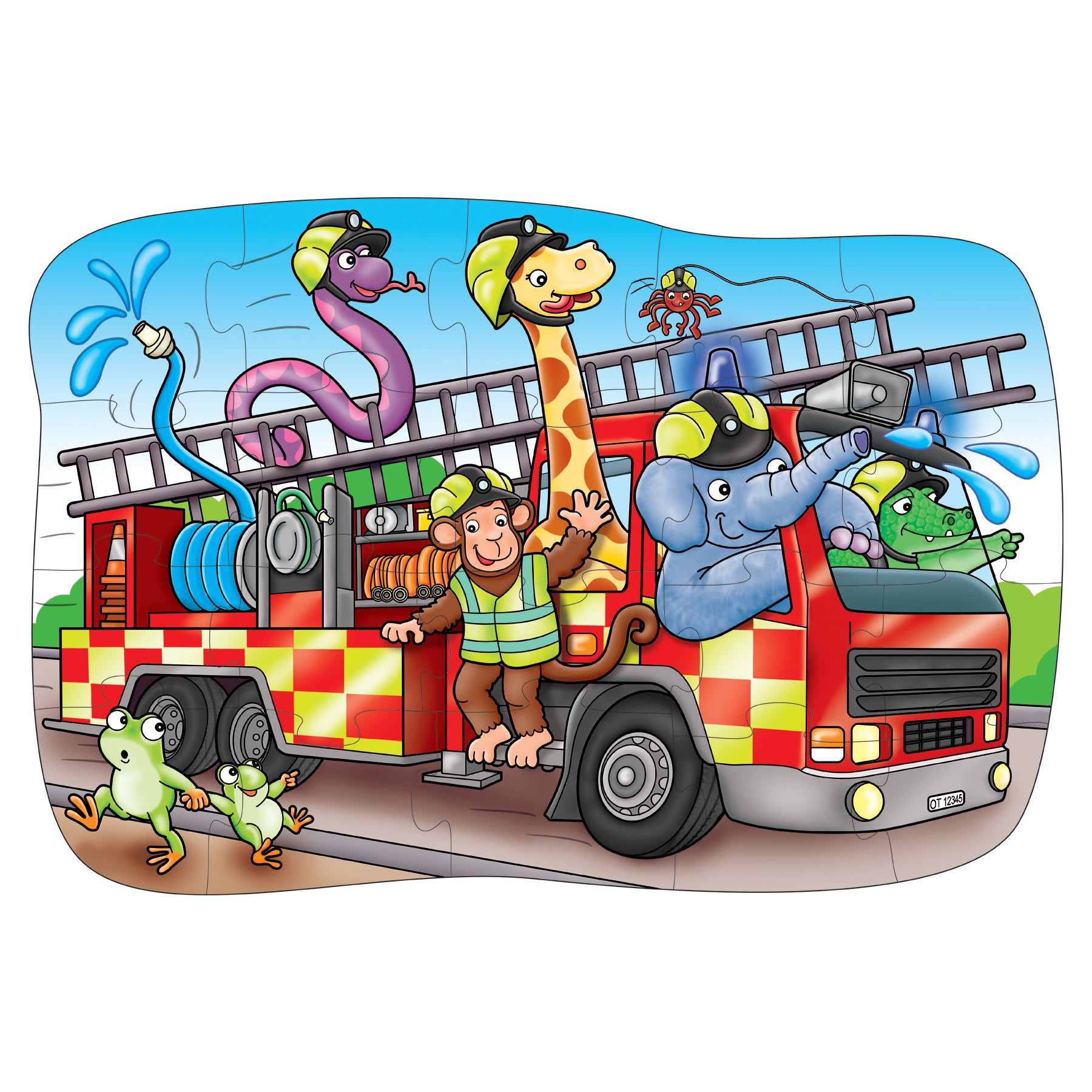Colorful children's illustration of a fire truck with animals on a white background