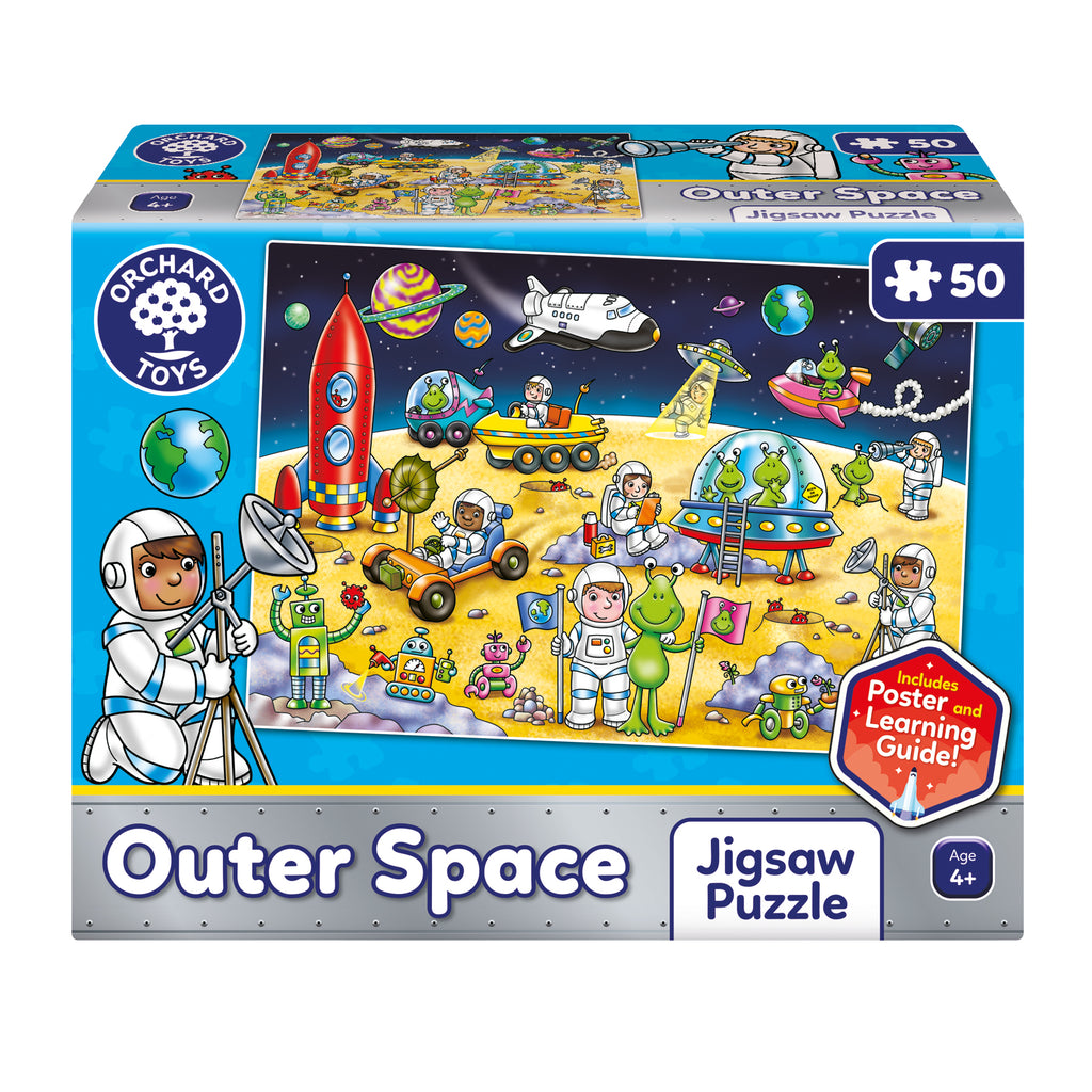 Orchard Toys Outer Space jigsaw puzzle box with colorful illustrations of space-themed activities.