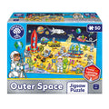 Orchard Toys Outer Space jigsaw puzzle box with colorful illustrations of space-themed activities.