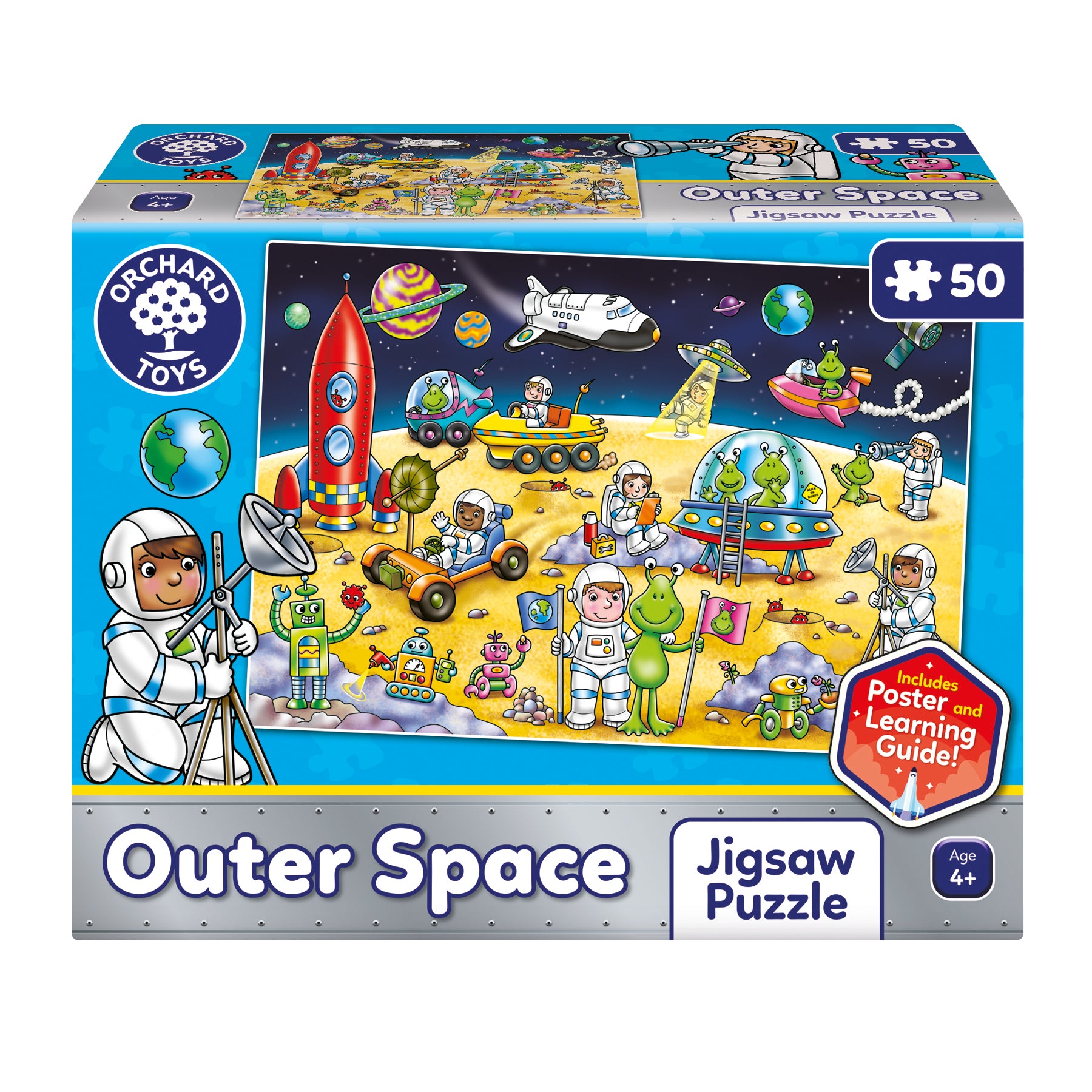 Orchard Toys Outer Space jigsaw puzzle box with colorful illustrations of space-themed activities.