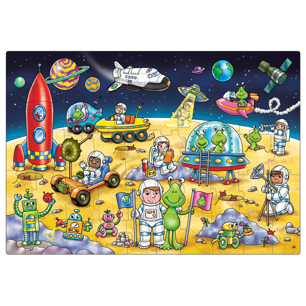 Children's puzzle with space-themed design featuring astronauts, aliens, and space vehicles.