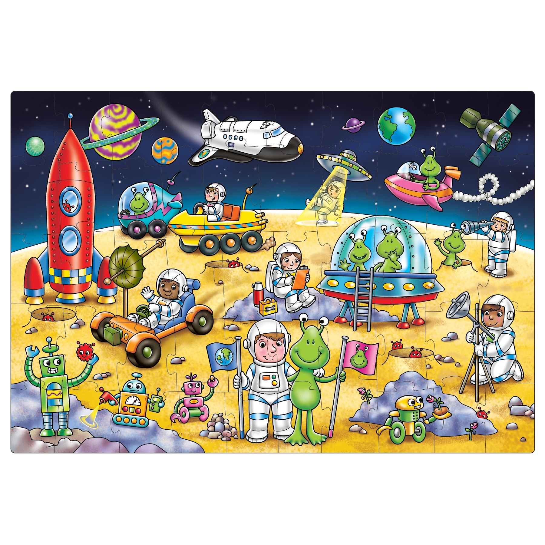 Children's puzzle with space-themed design featuring astronauts, aliens, and space vehicles.