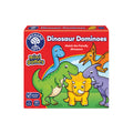 Box of Orchard Toys Dinosaur Dominoes game with colorful dinosaurs on a red background