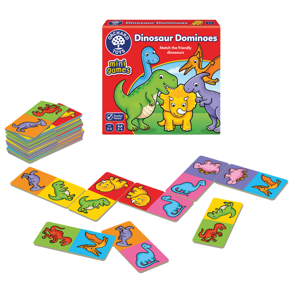 Dinosaur Dominoes game set with colorful cards and packaging on a white background