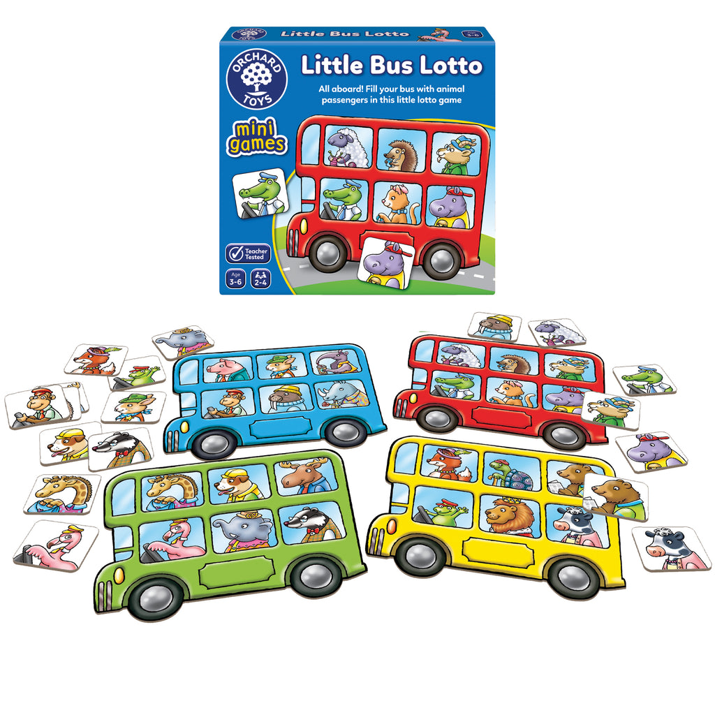 Little Bus Lotto game set with colorful bus-shaped boards and animal cards on a white background.