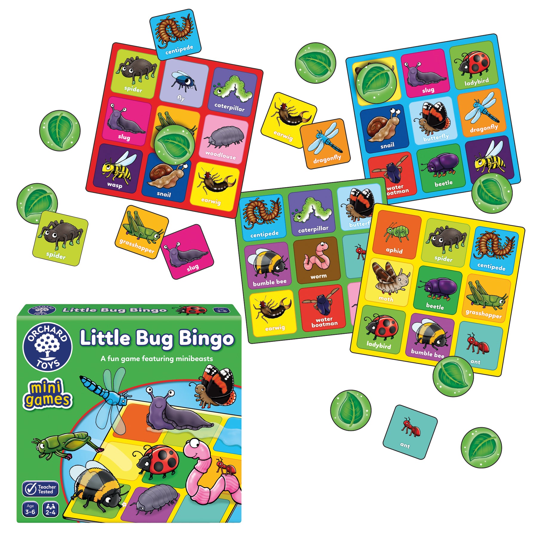 Children's game set with 'Little Bug Bingo' cards and pieces on a white background