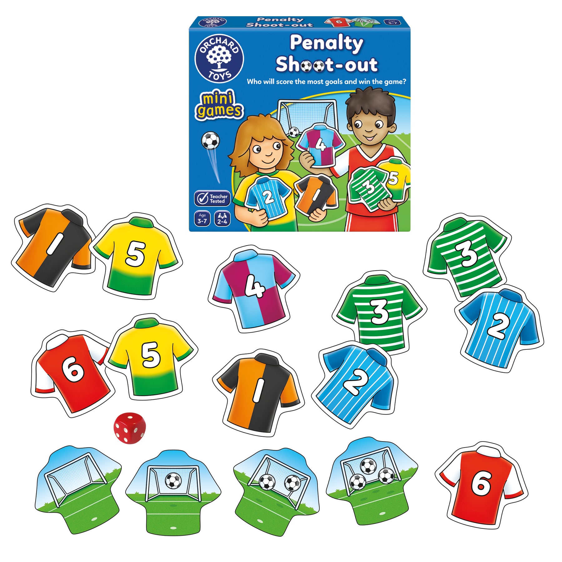 Penalty Shoot-out game set with toy jerseys and a dice, featuring Orchard Toys branding.