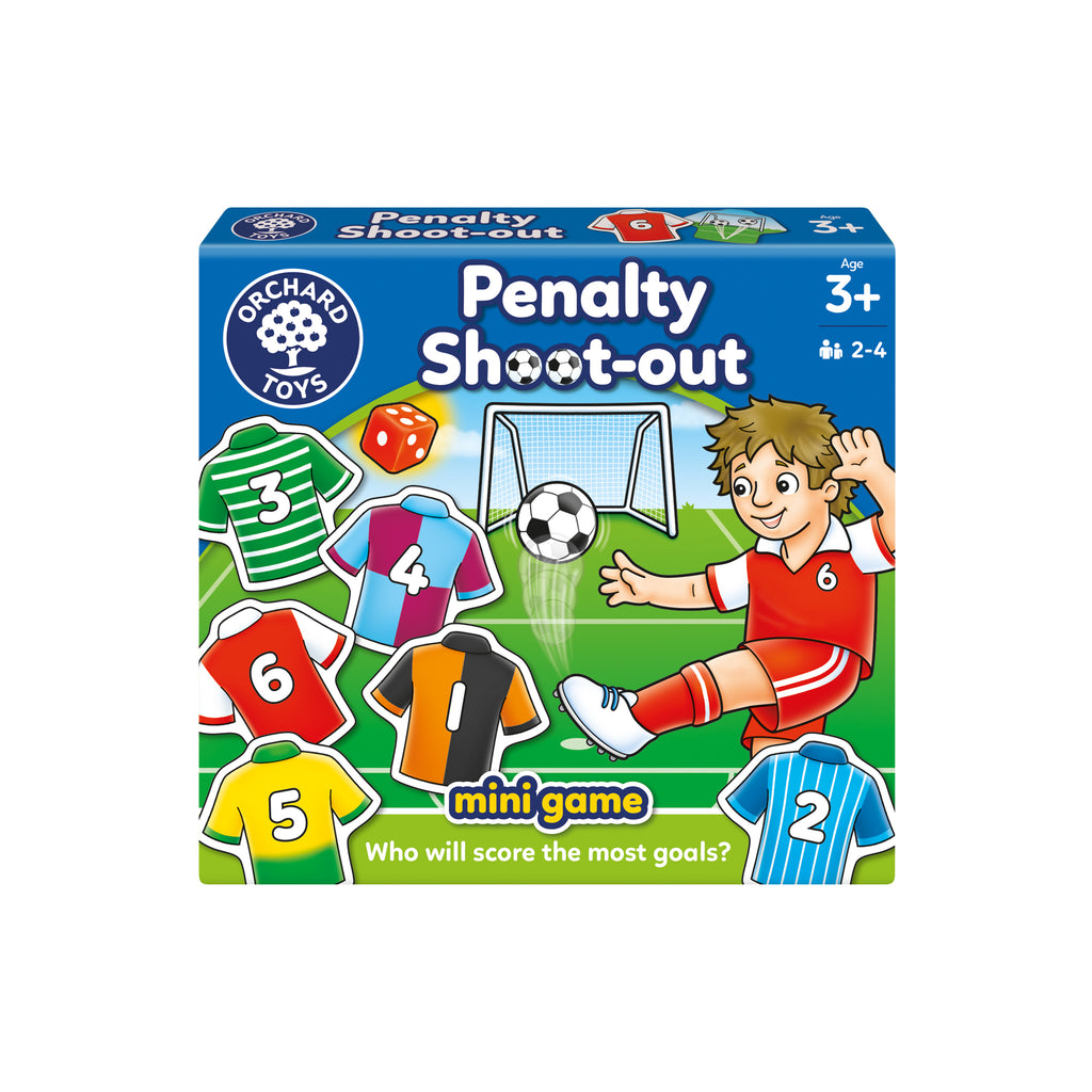 Box of Orchard Toys Penalty Shoot-out mini game with colorful graphics and text.