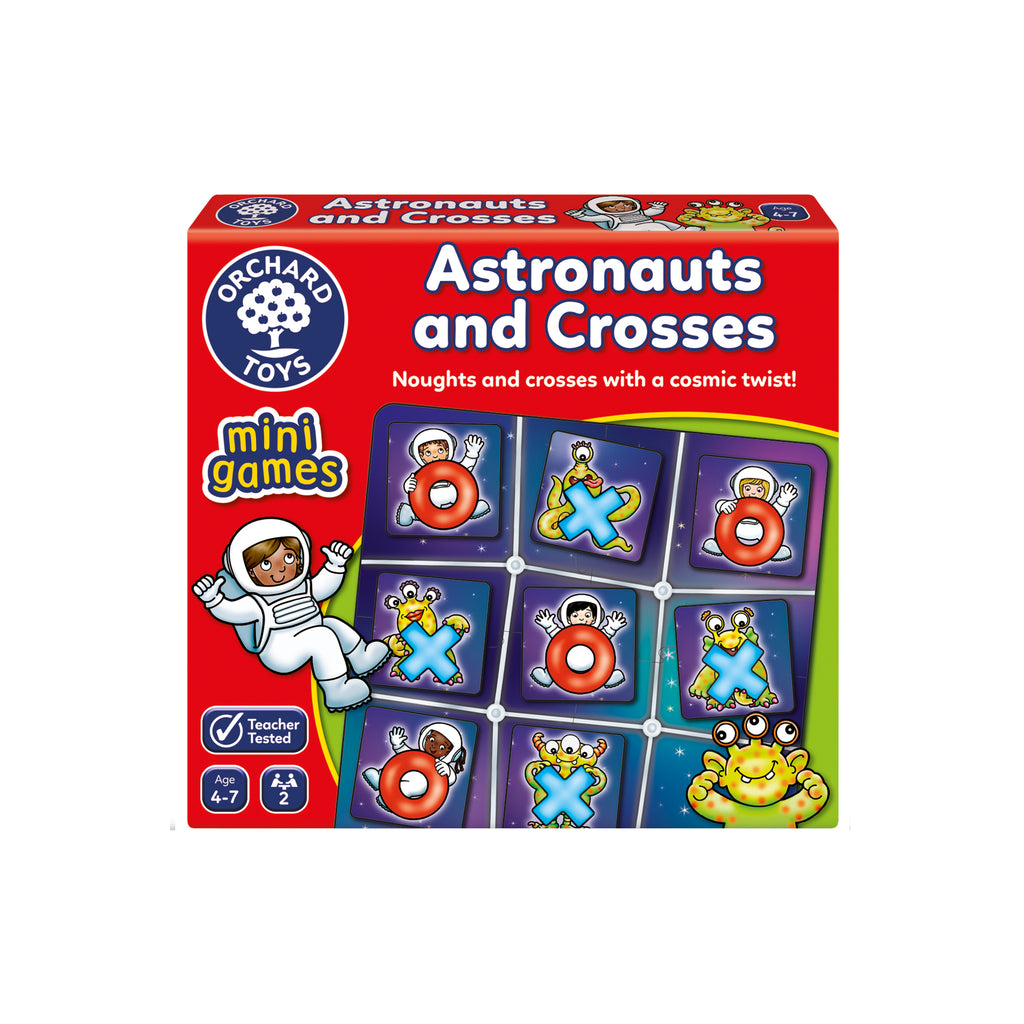 Orchard Toys Astronauts and Crosses Mini Game - Fun for Ages 4-7 with 5 Astronaut & Alien Cards Portable Board Game for Travel & Home