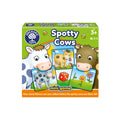 Orchard Toys Spotty Cows mini game box, featuring colorful cartoon cow illustrations and game components on a white background.