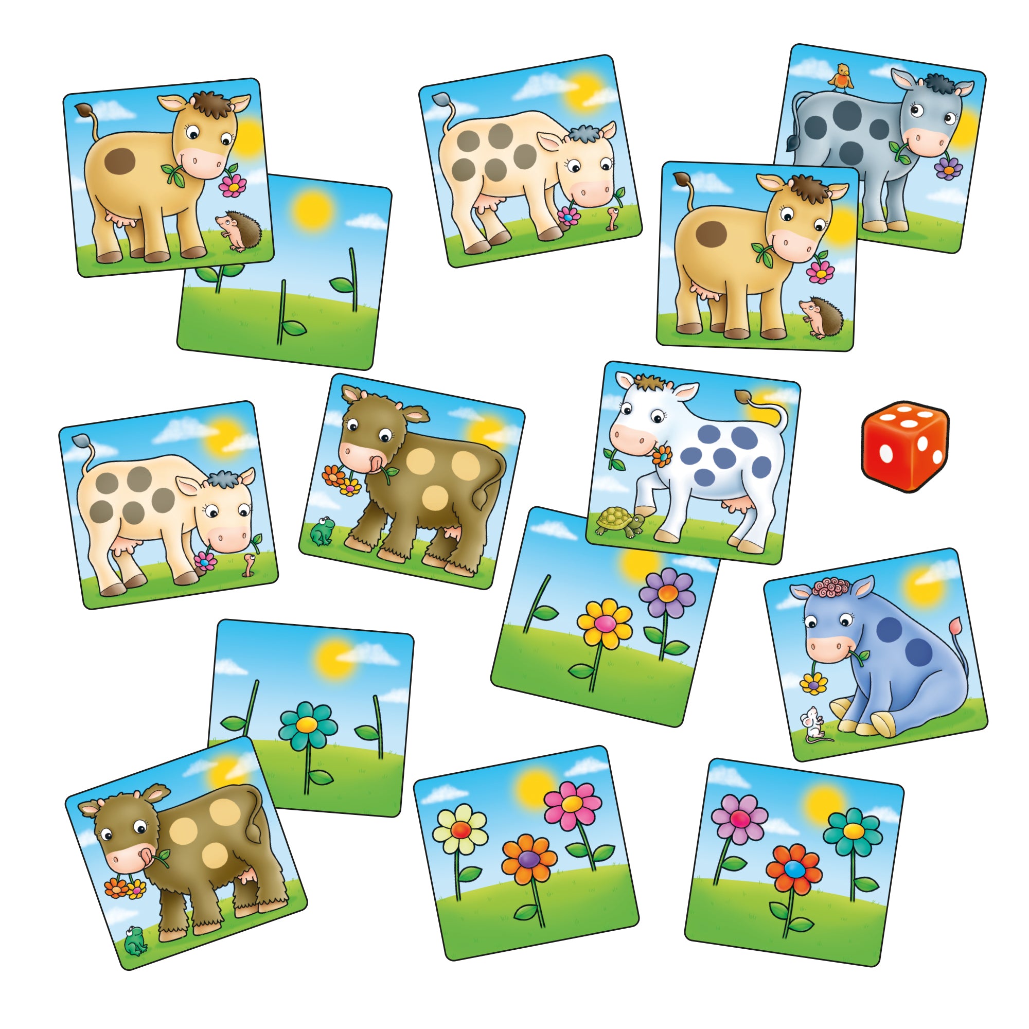 Set of colorful cow-themed game cards with a die on a white background
