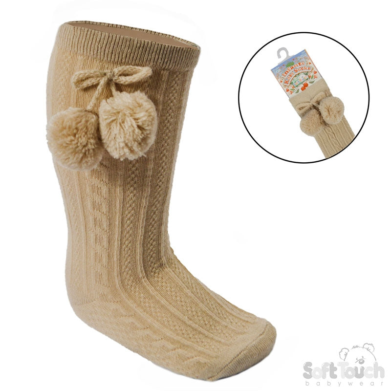 Baby & Toddler PomPom Bow Knee High Socks | White & Coffee | 0–24 Months