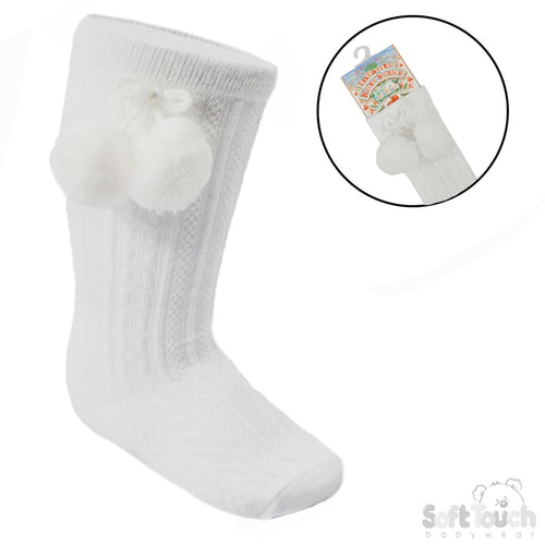 Baby & Toddler PomPom Bow Knee High Socks | White & Coffee | 0–24 Months