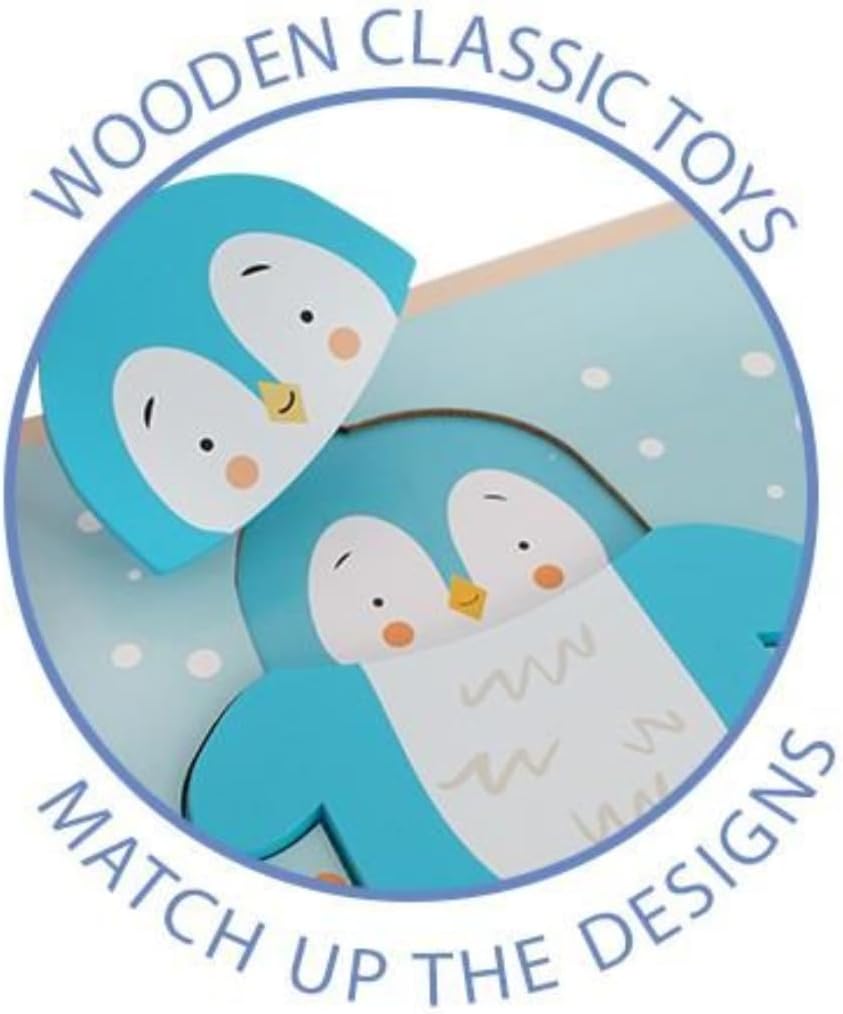 Wooden toy with snowmen design and text 'Wooden Classic Toys' and 'Match Up The Designs'.