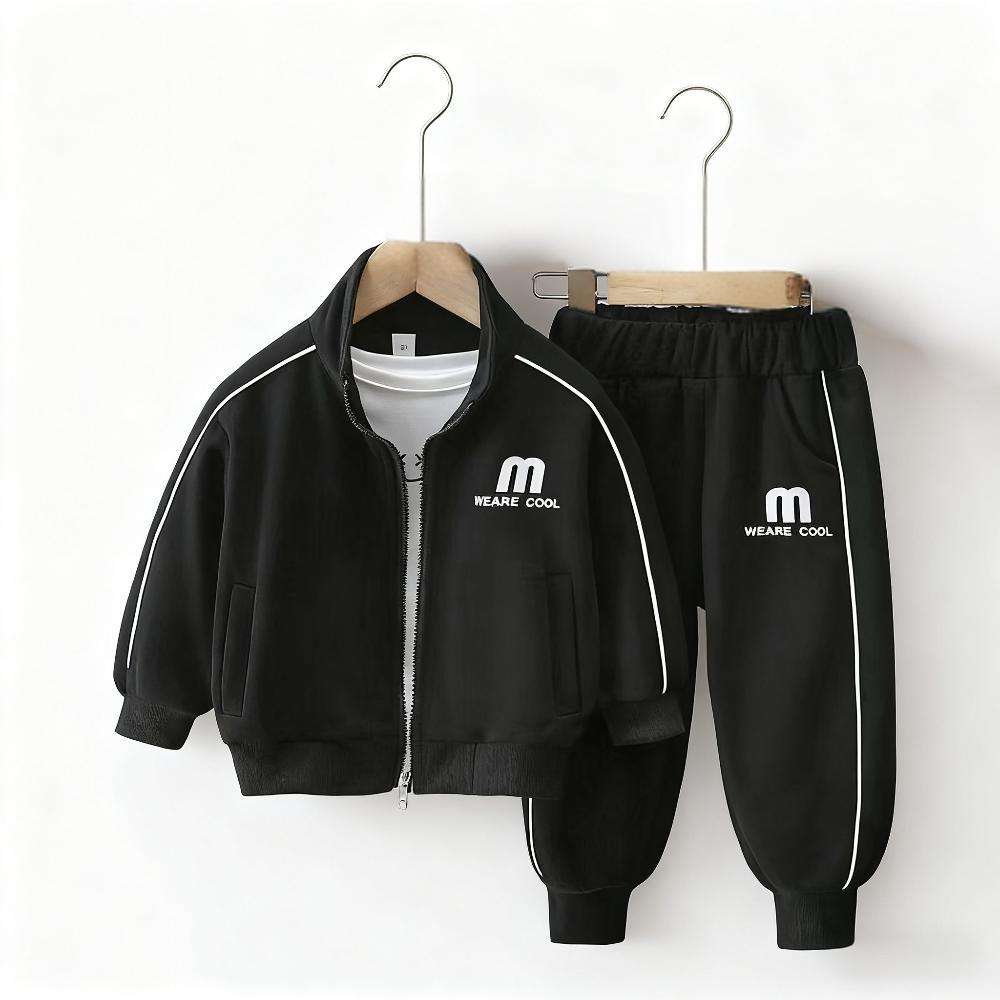 Black tracksuit with 'WE ARE COOL' text on hangers against a white background